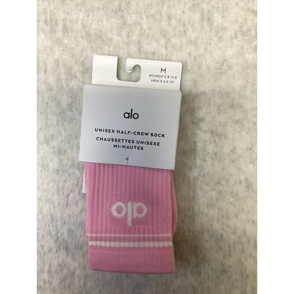 Alo Yoga Unisex Half-Crew Sock Sweet Pink White Ribbed Logo Size M A0480U NEW